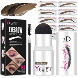 Yfulfill Eyebrow Stencils and Shaping Kit Soft Brown, Adjustable Professional Waterproof Long Lasting Buildable Eyebrow Powder Stamp with 10 Eyebrow Stencils