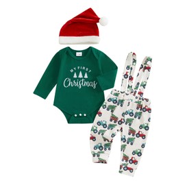 YILEEGOO Newborn Baby Boy Christmas Outfits 3PCS Clothes Set Infant Long Sleeve Romper Cute Pattern Suspender Pants Overalls Baby Xmas Outfits Set (Green, 3-6 Months)