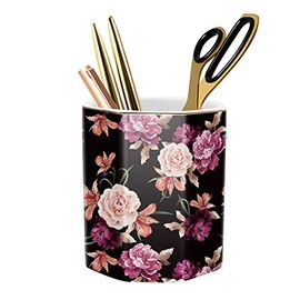 WAVEYU Pen Holder, Pencil Holder for Desk Floral Pattern Pencil Cup for Girls Kids Durable Ceramic Desk Organizer Makeup Brush Holder for Office, Classroom, Home, Black Flower