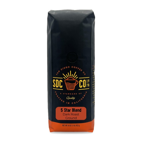 Mezcla de 5 estrellas de café San Diego, tostado oscuro, molido, bolsa de 16 onzas