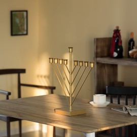 Nine Branch Electric Chabad Judaica Chanukah Menorah with LED Candle Design Candlestick, Gold