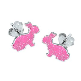 Pink Bunny Rabbit Earrings with Sparkly Glitter - 925 Sterling Silver