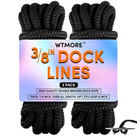 Dock Lines Boat Ropes for Docking 3/8" x15FT Double Braided Mooring Marine Rope Boat Lines for Docking, Dock Lines for Boats with Loop, Boating Rope Boat Lines, Black 2 Pack