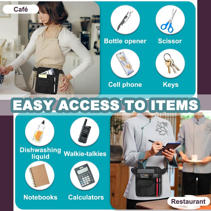 Roucerlin Black Server Pouch for Waitress, Adjustable Serving Waiter Apron