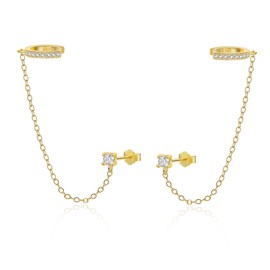 Lansora Double Piercing Earrings Silver Gold Cz Cubic Zirconia Stone Chain Link Dangle Stud Earrings, Cubic Zirconia, Cubic Zirconia