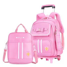 Rolling Backpack for Girls Cute Trolley Bags Primary School Bookbags with Wheels Kids Carry-On Wheeled Backpack with Lunch Bag