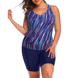 Daci - Traje de baño tankini para mujer, talla grande, protector de erupción de dos piezas con pantalones cortos capris y traje de baño deportivo con espalda cruzada, Raya azul, X-Large