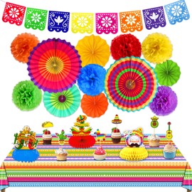 TURNMEON 23 Pcs Fiesta Mexican Party Decoration, Paper Fans Pom Poms Banner Tablecloth Honeycomb Table Centerpieces Cupcake Toppers for Home Cinco De Mayo Decorations Carnivals Fiesta Party Supplies