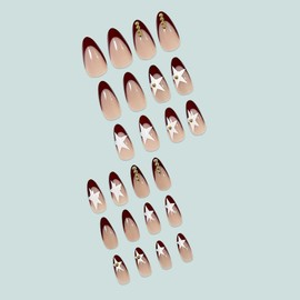 Red French Tip False Nails - 24pcs Medium Almond False Nails - Five-Pointed Star Design Press on Nails - 12 Sizes Stiletto Fake Nails with Glue - Full Cover Artificial Stick on Nails for Women Girls