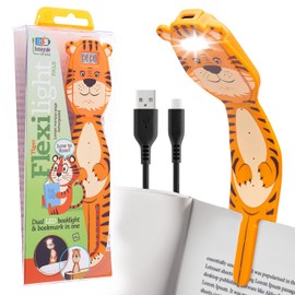Gifts for Readers & Writers Rechargeable Book Light for Kids, Clip On Reading Light for Bed, 2in1 Flexilight Pals & Bookmark, 12 Hours of Light Once Charged, Includes USB Cable & 2 LED Lights, Tiger