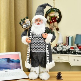 ITODA 30cm Standing Santa Handcraft Father Christmas Figure Xmas Old Man with Plush Beard Mini Christmas Workshop Decoration Ornament Figure Decorative for Fireplace Bookcase Dining Table Shop Window