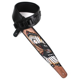 Walker and Williams KB-58 Large White Butterfly Carving On Padded Black Guitar Strap Hand Carved On Premium Tan Carving Leather for Acoustic, Electric, and Bass Guitars