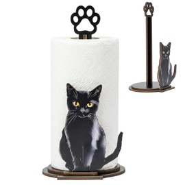Black Cat Paper Towel Holder - Wooden Paw Kitten Decorative Toilet Paper Stand for Countertop Kitchen Bathroom Funny Roll Standing Organizer Table Decor Cat Lovers Housewarming Gift