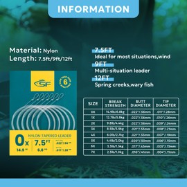 SF 6 Pcs Nylon Pre Tied Loops Fly Fishing Trout Leader Line 2.3m-0X