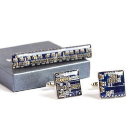Unique Cufflinks and Tie Clip set, recycled circuit board jewelry for men (Dark blue)