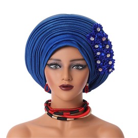African Turban Cap Nigeria Aoto Gele Head Ties with Flowers for Women Wedding Party Head Wraps Royal Blue