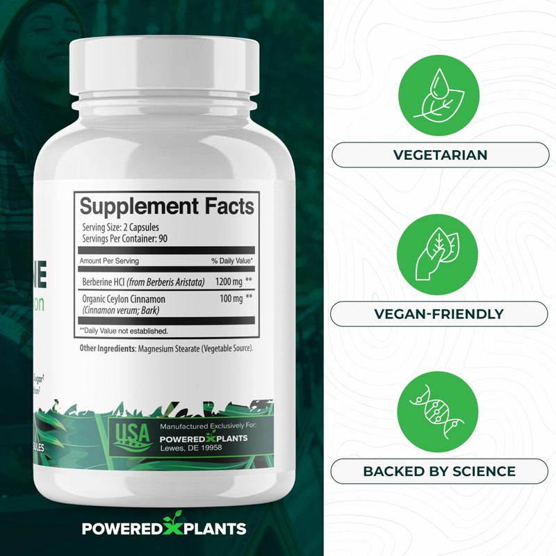 POWERED X PLANTS Pure Berberine Supplement - 1300mg Berberine with