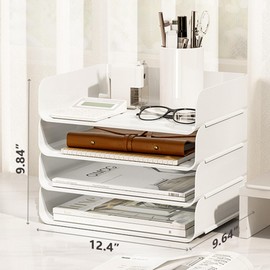 Gawerk Clear Desk Organizer, Stackable Desk Paper Letter Tray Organizer Office Desktop File Paper Holder Book Storage Rack (White, 4 x Wide Entry)