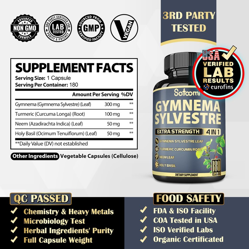 Satoomi Pure Gymnema Sylvestre Capsules Extract - 180 Capsules of