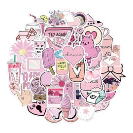 Rosa Cute Feliz Divertido Aesthetic Lindo 50 Calcomanías Stickers PVC Vs Agua Stickers Variados Sin Repetir Impermeables Removible Diseños Únicos para Electrónicos, Laptops, Termos, Celulares