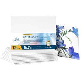 PHOENIX Watercolor Canvas Boards for Painting - 5x7 Inch/12 Pack, 100% Cotton Water Color Small Canvas Panels, 8 Oz. / 260g White Blank Medium Texture Flat Canvases for Water Based Paints