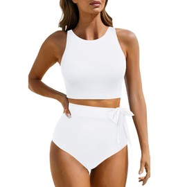 Aqua Eve Women High Waisted Bikini Set Racerback Swimsuit Two Piece Bathing Suit High Neck Swimwear White Medium