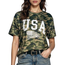 koufland American Flag Tshirts for Women Letter Print Patriotic Shirts Summer Casual Short Sleeve Graphic Tees, Camo USA, X-Large