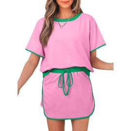 Women's 2 Piece Sets Summer Casual Short Sleeve Tops and Matching Drawstring Skort Going Out Lounge Outfits, Bonbon, Large