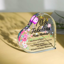 Movdyka 70th Birthday Gifts for Women, Happy 70 & Fabulous Colorful Heart Plaque for Grandma Mum, Glass Keepsake Ornaments Presents for 70 Years Old Female Friends