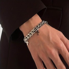 Inateannal Punk Cuban Cross Chain Bracelet Silver Chunky Cuban Link Bracelet Curb Cross Charm Bracelets Statement Hip Hop Hand Chain Jewelry for Women Men