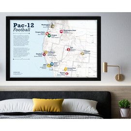 Framed College Football Stadium Map - Features Pac 12 Teams & Stadiums - Use as a Wall Map or Push Pin Map - Includes 35 Red Map Push Pins