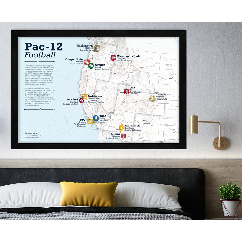 Framed College Football Stadium Map - Features Pac 12 Teams