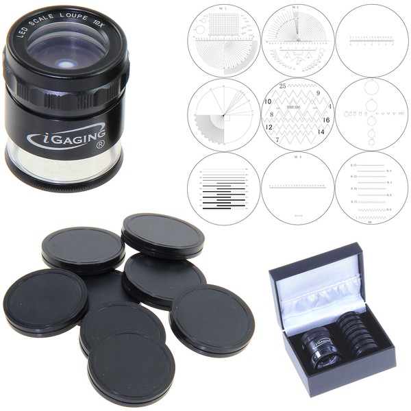 iGaging Stand Measuring Magnifier Comparator 7 LED Lighted Loupe 10X w/ 9 Reticles Scale Illuminated