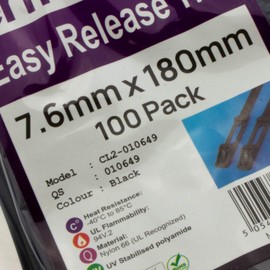 Easy Release Cable Ties 7.6 mm x 180 mm Releasable Reusable Black [Pack of 100] [7.6 mm x 180 mm]