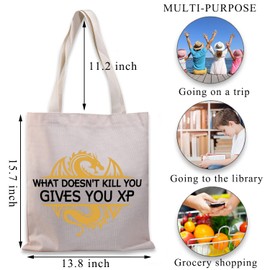 PLITI DND Tote Bag RPG Gamer Gift Dungeon Master Gift What Doesn't Kill You Gives You XP D20 Dice RPG Gaming Gift (gives you xp TGU)