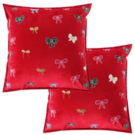 Leinuosen 2 Pcs Christmas Bow Pillow Covers 18 x 18 Inch Red Velvet Bows Embroidered Square Throw Pillow Covers for Xmas Holiday Winter Home Sofa Couch Decor