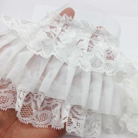KARMELLING 1 Yard White Wide Three Layers Pleated Chiffon Fabric Embroidery Fringe Ribbon Lace for Sewing and Bridal Wedding Decorations DIY Mini Doll Dressing Handicrafts 4 Inch, 2#. White