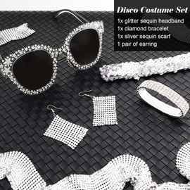 5 Pcs 70s Disco Accessories Women Disco Costume Jewelry Disco Sequin Scarf Headband Diamond Bracelet Earrings Sunglasses Sliver