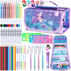Pasimy Mermaid Coloring Set for Kids Mermaid Art Craft Kit 106 Pcs Washable Markers Set with Glitter Pencil Case, Markers, Crayons, Erasers, Stickers, Rulers for Girls Birthday Gifts 3-10 Years