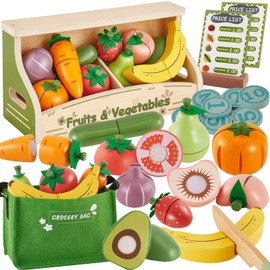 BUYGER Pretend Play Cutting Food Set for Kids Kitchen, Fruit and Vegetable Toy Accessories Grocery Store Playset Gifts for Kids Boys Girls 18+ Months Ages 1 2 3+ Year Old