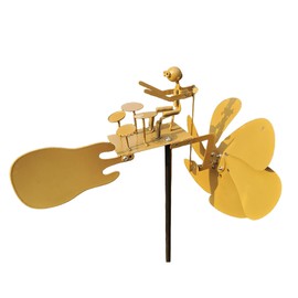 Handmade Metal Drummer Rock Band Windmill, Wind Powered Kinetic Sculpture, Garden Outdoor Wind Mill Spinner for Yard Lawn Garden Patio Rockin Art Figurine Decor (Gold)