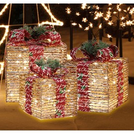 JUSTPRO [Ultra Large 15.5x13.5x11 Inches] 3 Piece Lighted Gift Boxes Christmas Decorations with 91 Super-Bright LED, Lighted Rattan Gift Boxes Warm White with Flasher,for Outdoor Holiday Party Home…