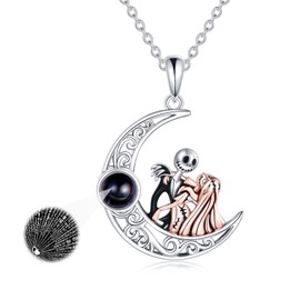LILALO Nightmare Necklace Jack Skellington Valentines Day Sterling Silver Jack and Sally Necklace Skull Jewelry for Women Moon Gifts Necklace I Love You Necklace 100 languages Jewelry for Women Teen Girl