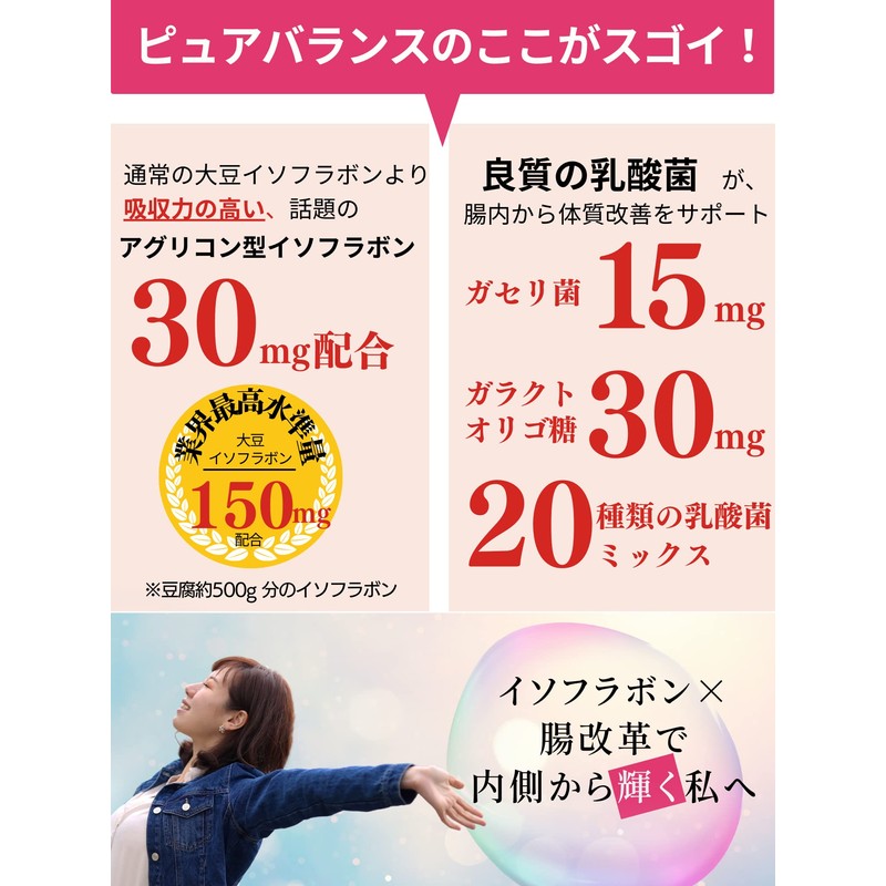 ピュアバランス 大豆イソフラボン サプリ (イソフラボン150mg×乳酸菌15mg配合) アグリコン型配合 30日分 エバービューティー