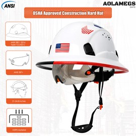 Full Brim Hard Hats with Visor Construction OSHA Approved - Vented Hard Hats for Men,Black Hard Hat with Chin Strap,Safety Helmet White Hard Hat with Tinted Visor,6 Point Suspension Work Hats