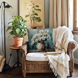 7COLORROOM Watercolor Flower Pillow Covers Wildflowers Print Decoration 18 x 18 Inch Cushion Cover Rustic Farmhouse Spring Summer Floral Decor Pillowcases 2Pack for Sofa Couch Patio Porch(White)