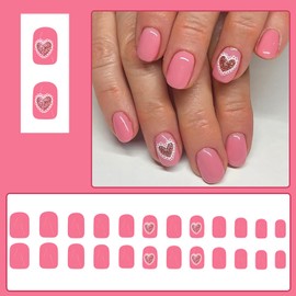 24 Pcs Valentine Press on Nails Short RIICFDD Fake Nails Square False Nails Heart Press on Nails White Lace Edged Heart Glue on Nails Full Cover Glossy Stick on Nails for Women Nail Art Decor