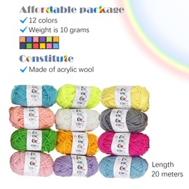 Xiqiggi 12 Colours Wool for Crochet Knitting, 10 g / 20 m Crochet Yarn Cotton for Crochet, Cotton Yarn for Beginners Set for Crochet Wool Acrylic Thick Wool Colourful Rainbow Acrylic Wool Yarn Crochet
