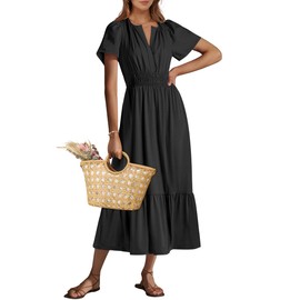 ANRABESS Women's Summer Short Sleeve Maxi Dress 2025 Casual V Neck High Waist A-Line Flowy Loose Tiered Boho Long Dresses Black Medium