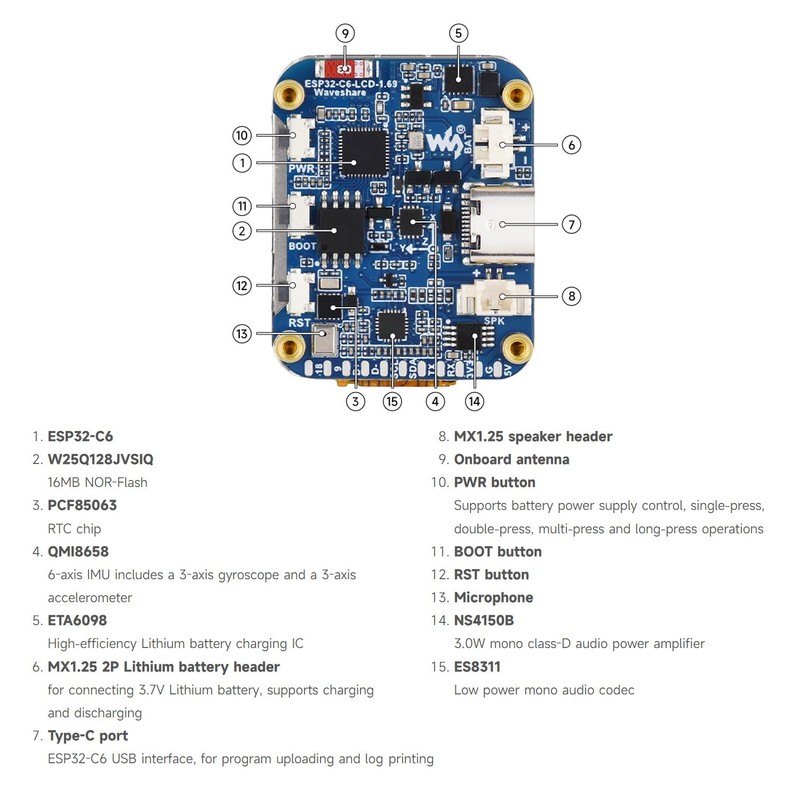 Waveshare ESP32-C6 1.69inch LCD Development Board, 240×280 Pixels, Supports Wi-Fi